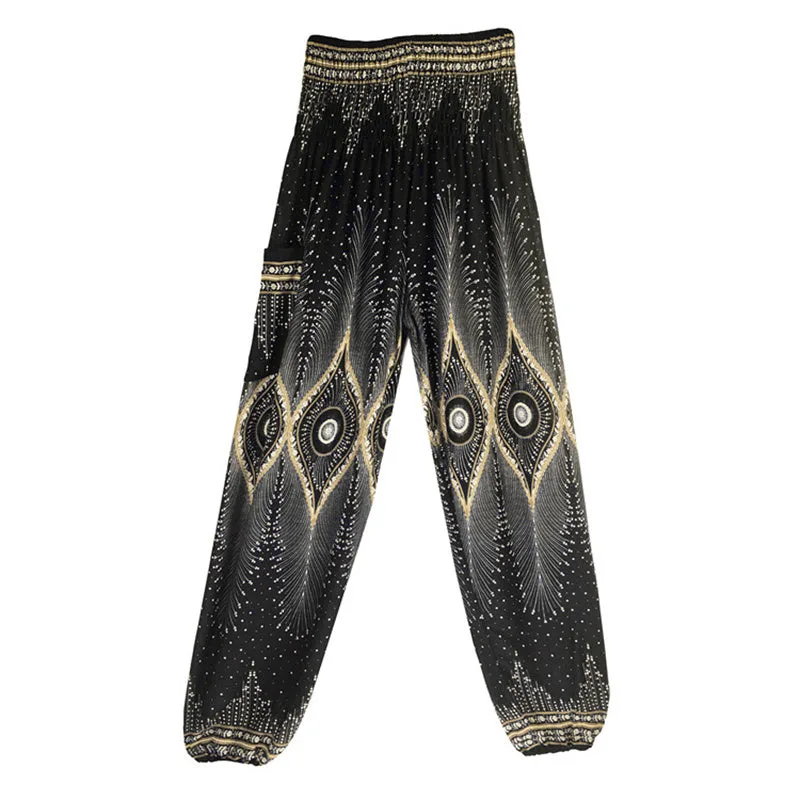 Mythstone Small Eye Peacock Feathers Pattern Loose Smocked Harem Trousers High Waist Women's Yoga Pants - Image 16