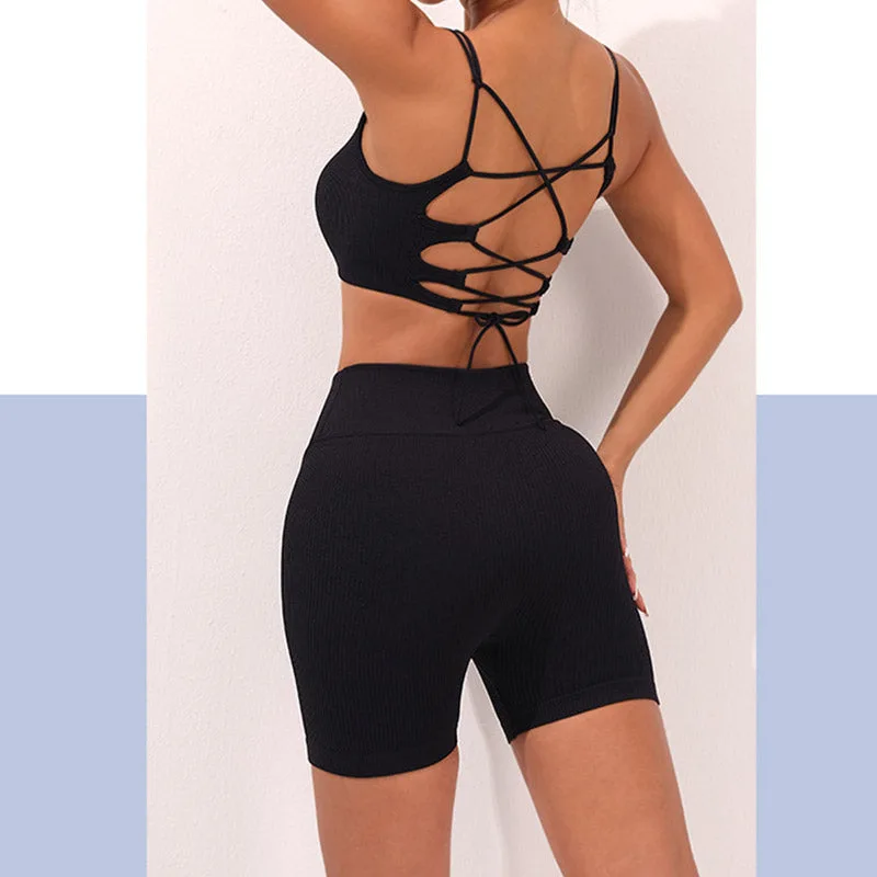 Mythstone Seamless Fitness Strappy Backless Bra Crop Tank Top Shorts Sports Gym Yoga Outfits - Image 8