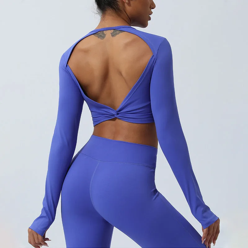 Mythstone Women Workout Long Sleeve Crisscross Backless Top Tee Leggings Sports Fitness Yoga Outfit - Image 8