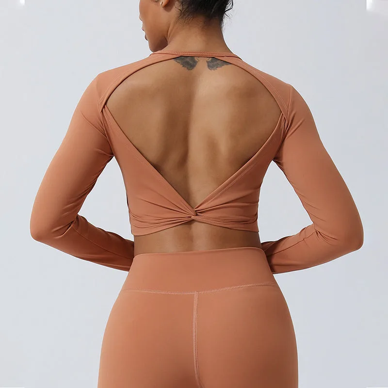 Mythstone Women Workout Long Sleeve Crisscross Backless Top Tee Leggings Sports Fitness Yoga Outfit - Image 16