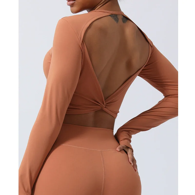 Mythstone Women Workout Long Sleeve Crisscross Backless Top Tee Leggings Sports Fitness Yoga Outfit - Image 15