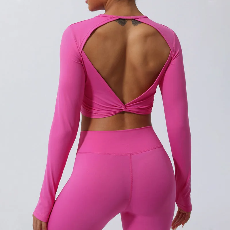 Mythstone Women Workout Long Sleeve Crisscross Backless Top Tee Leggings Sports Fitness Yoga Outfit - Image 20