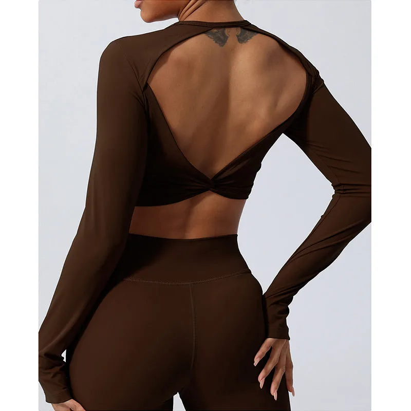 Mythstone Women Workout Long Sleeve Crisscross Backless Top Tee Leggings Sports Fitness Yoga Outfit - Image 25