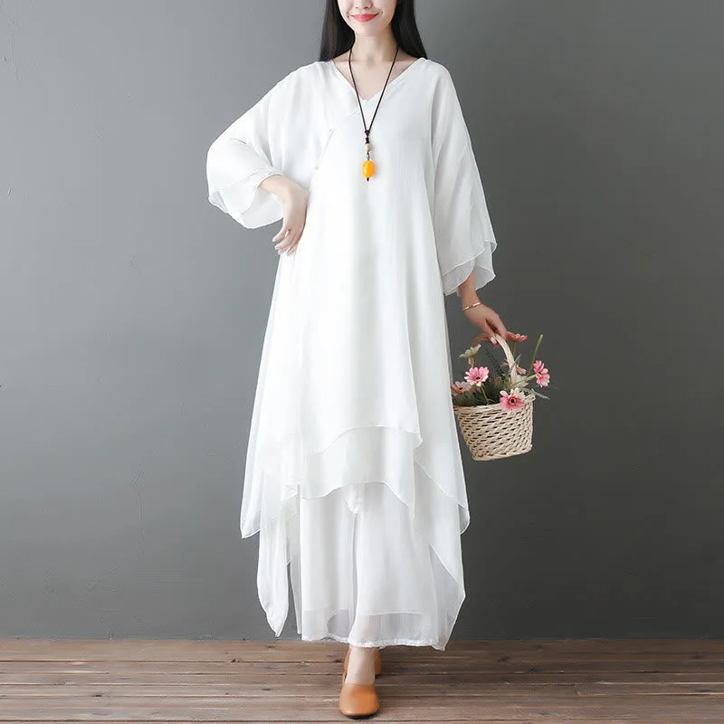 Mythstone V-Neck Midi Tunic Dress Wide Leg Pants Meditation Zen Practice Dance Clothing - Image 3