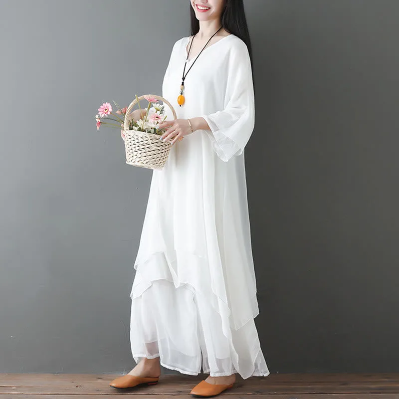 Mythstone V-Neck Midi Tunic Dress Wide Leg Pants Meditation Zen Practice Dance Clothing - Image 4
