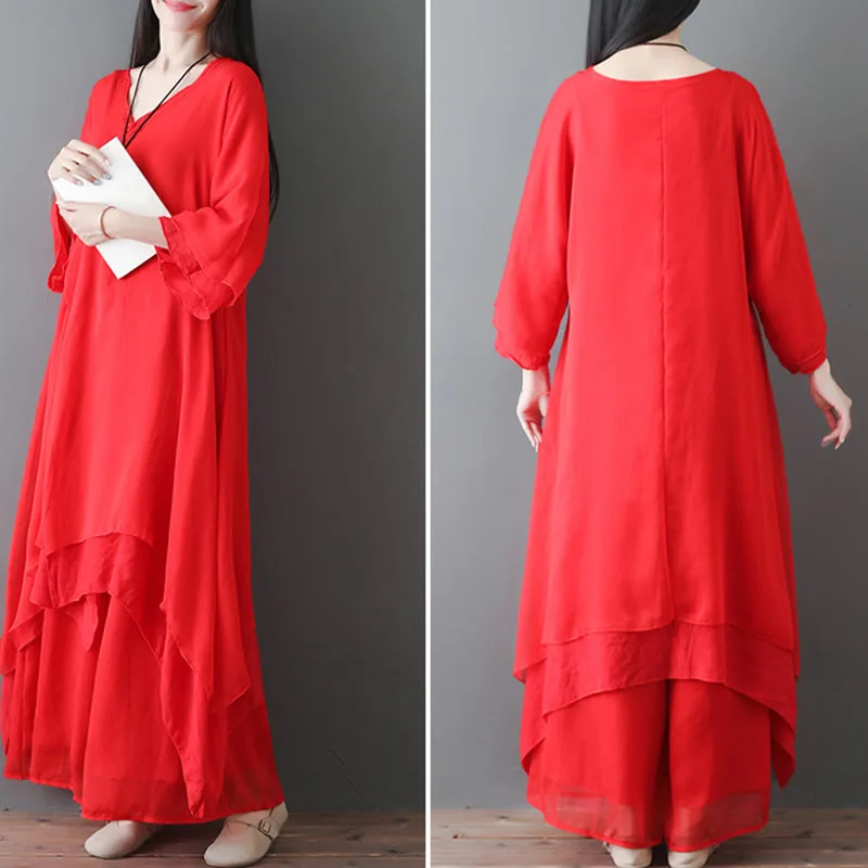 Mythstone V-Neck Midi Tunic Dress Wide Leg Pants Meditation Zen Practice Dance Clothing - Image 15