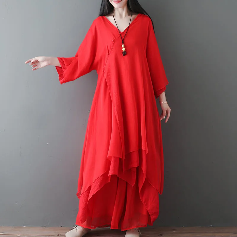 Mythstone V-Neck Midi Tunic Dress Wide Leg Pants Meditation Zen Practice Dance Clothing - Image 11