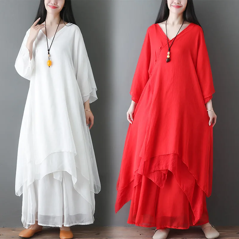 Mythstone V-Neck Midi Tunic Dress Wide Leg Pants Meditation Zen Practice Dance Clothing - Image 23
