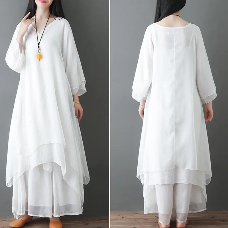 Mythstone V-Neck Midi Tunic Dress Wide Leg Pants Meditation Zen Practice Dance Clothing - Image 9