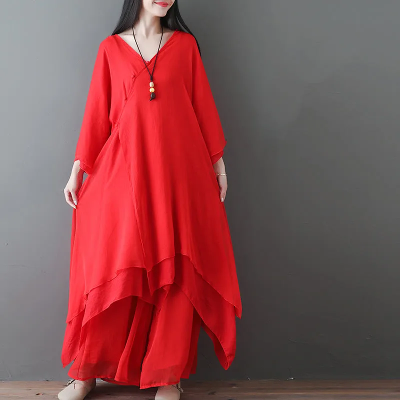 Mythstone V-Neck Midi Tunic Dress Wide Leg Pants Meditation Zen Practice Dance Clothing - Image 14