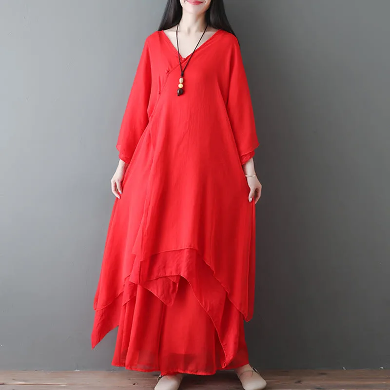 Mythstone V-Neck Midi Tunic Dress Wide Leg Pants Meditation Zen Practice Dance Clothing - Image 13
