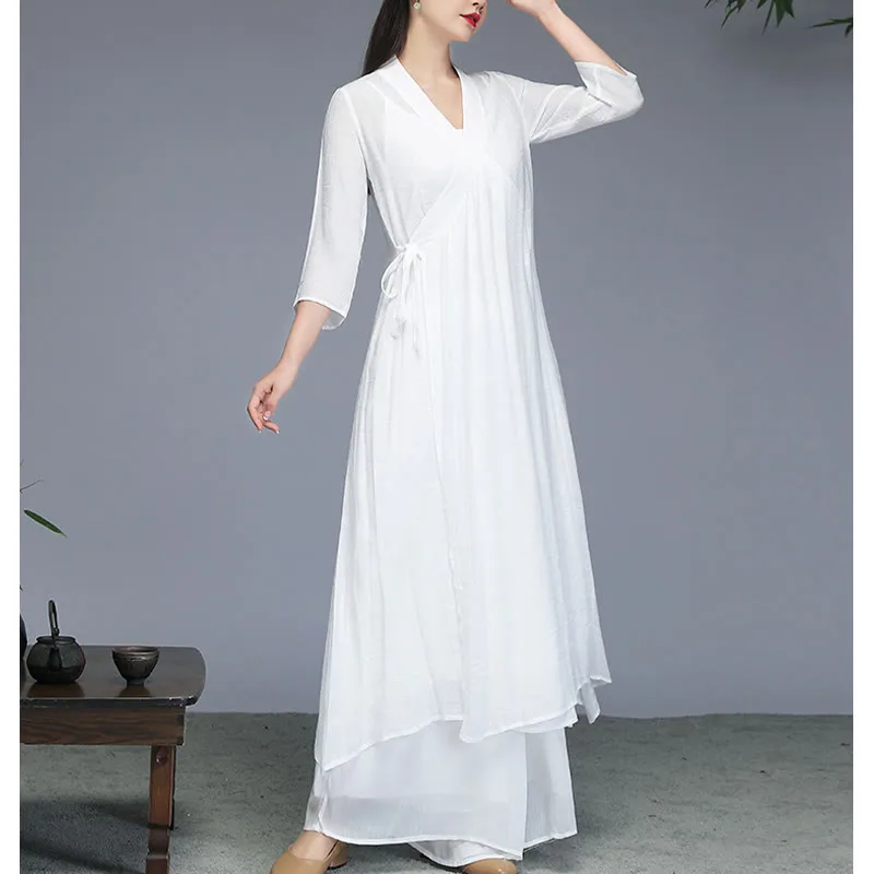 Mythstone Hanfu Style Midi Dress Wide Leg Pants Meditation Zen Practice Yoga Dance Clothing - Image 7