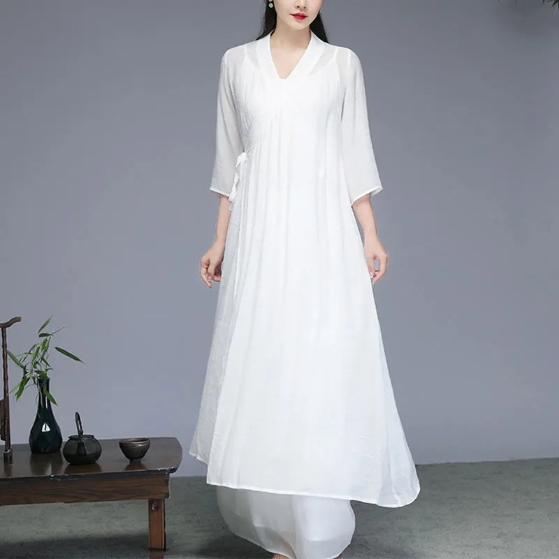 Mythstone Hanfu Style Midi Dress Wide Leg Pants Meditation Zen Practice Yoga Dance Clothing - Image 2