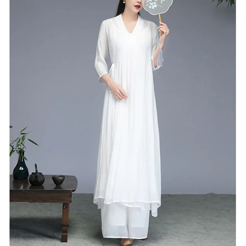 Mythstone Hanfu Style Midi Dress Wide Leg Pants Meditation Zen Practice Yoga Dance Clothing - Image 3