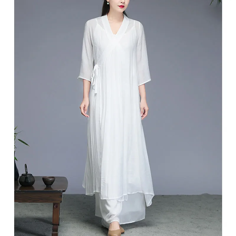 Mythstone Hanfu Style Midi Dress Wide Leg Pants Meditation Zen Practice Yoga Dance Clothing - Image 8