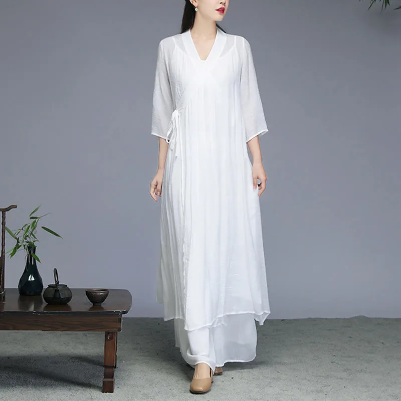 Mythstone Hanfu Style Midi Dress Wide Leg Pants Meditation Zen Practice Yoga Dance Clothing - Image 5