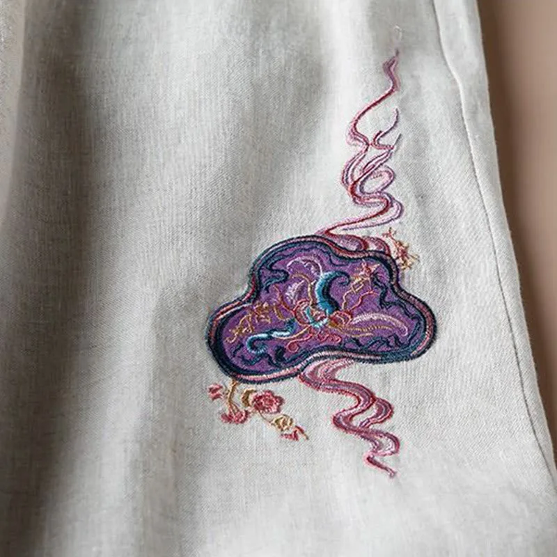 Mythstone Women Casual Loose Cotton Linen Embroidery Wide Leg Pants With Pockets - Image 7