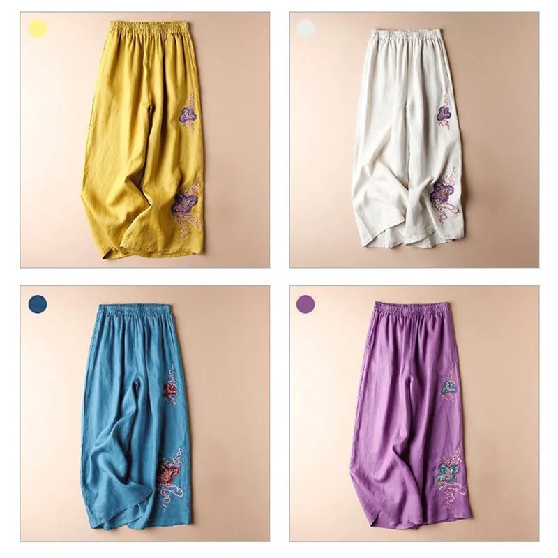 Mythstone Women Casual Loose Cotton Linen Embroidery Wide Leg Pants With Pockets - Image 13