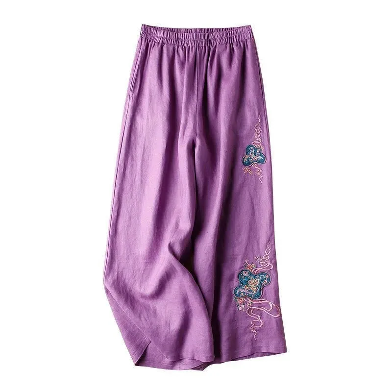 Mythstone Women Casual Loose Cotton Linen Embroidery Wide Leg Pants With Pockets - Image 12