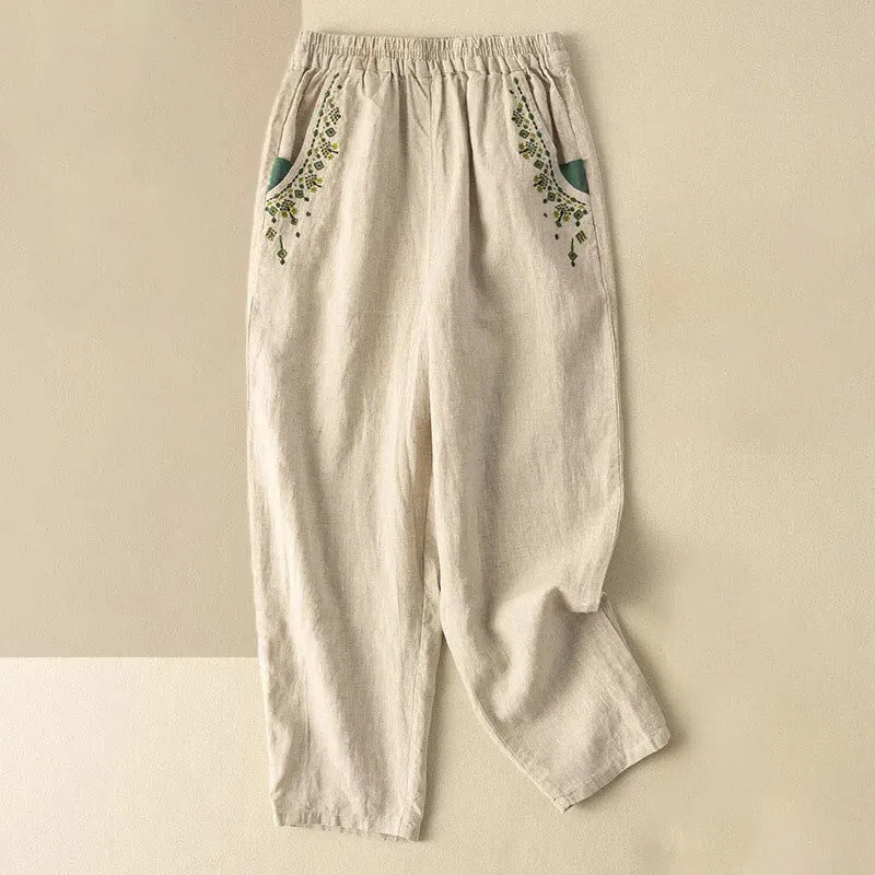 Mythstone Vintage Embroidery Elastic Waist Harem Pants With Pockets - Image 14