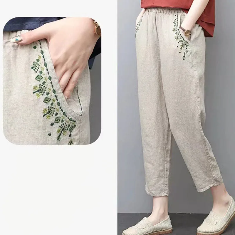 Mythstone Vintage Embroidery Elastic Waist Harem Pants With Pockets - Image 23