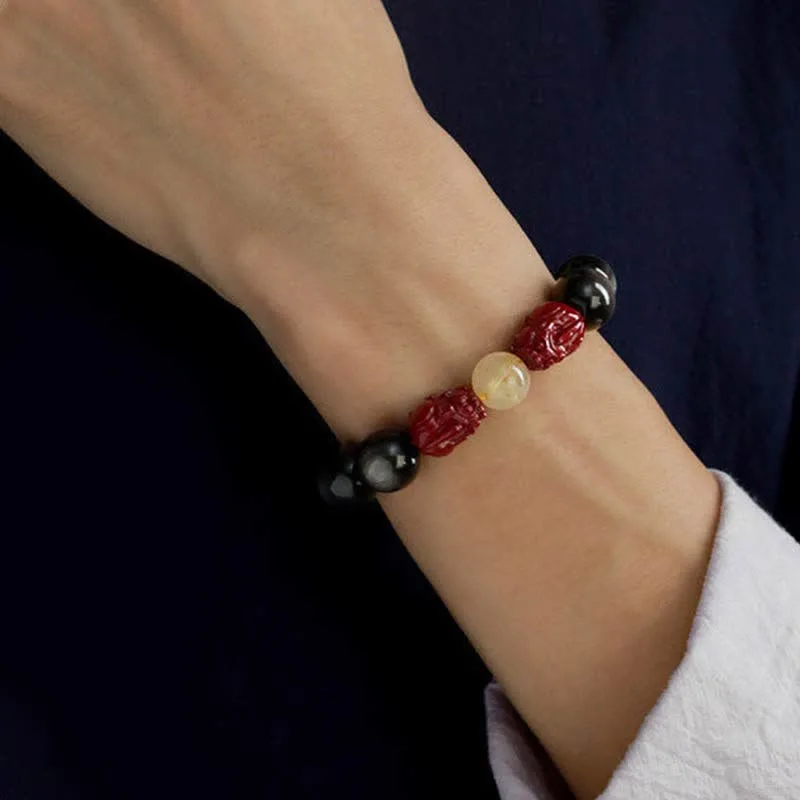 Mythstone Gold Sheen Obsidian PiXiu Cinnabar Om Mani Padme Hum Protection Bracelet - Image 3