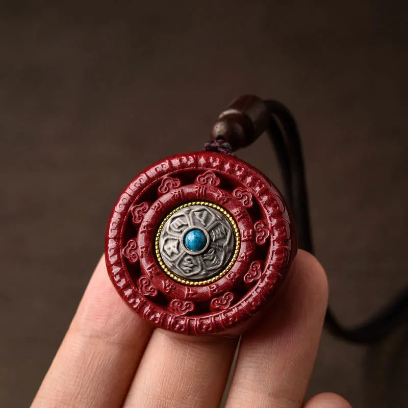 Mythstone Cinnabar Om Mani Padme Hum Blessing Rotatable Necklace Pendant Key Chain - Image 9