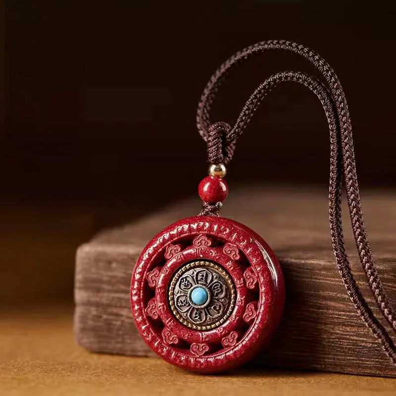 Mythstone Cinnabar Om Mani Padme Hum Blessing Rotatable Necklace Pendant Key Chain - Image 4