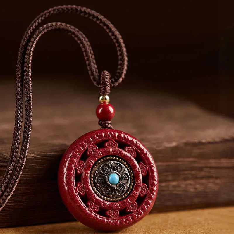 Mythstone Cinnabar Om Mani Padme Hum Blessing Rotatable Necklace Pendant Key Chain - Image 10