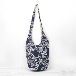 Mythstone Navy Blue White Flower Pattern Cotton Crossbody Bag Shoulder Bag