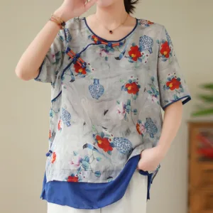 Mythstone Red Flowers Vase Birds Frog-Button Short Sleeve Shirt T-shirt Tee