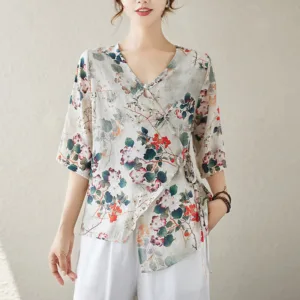 Mythstone Red Green Ink Flowers Print V-Neck Lace-up Frog-Button Shirt T-shirt Tee