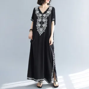 Mythstone Summer Embroidery Flower V-Neck Short Sleeve Maxi Dress