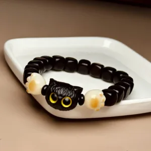 Mythstone Ebony Wood Cute Cat Bodhi Seed Paw Claw Peace Bracelet
