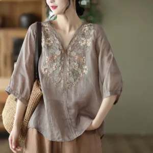 Mythstone Retro Embroidery V-Neck Design Half Sleeve Ramie Linen Shirt
