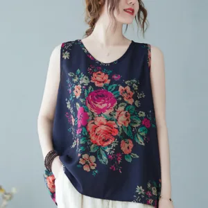 Mythstone Retro Peony Flowers Round Neck Tank Top Vest