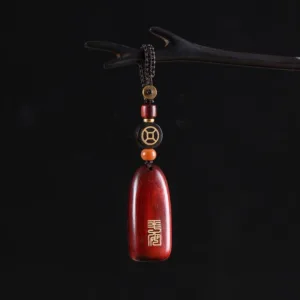 Mythstone Small Leaf Red Sandalwood Ebony Wood Peace Auspicious Copper Coin Protection Key Chain