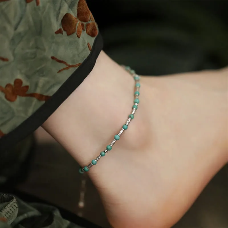Mythstone 925 Sterling Silver Turquoise Small Beads Fish Pattern Protection Anklet - Image 5