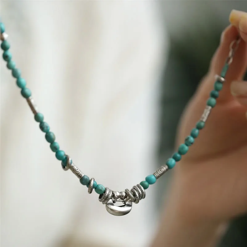 Mythstone 925 Sterling Silver Turquoise Small Beads Chinese Lock Charm Strength Anklet - Image 2