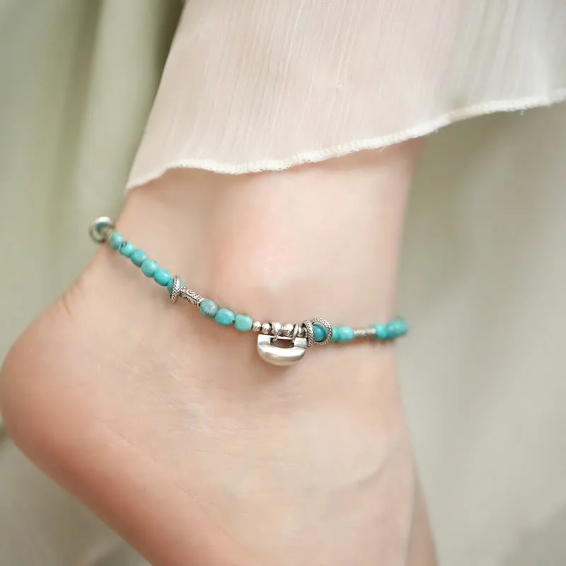 Mythstone 925 Sterling Silver Turquoise Small Beads Chinese Lock Charm Strength Anklet - Image 5