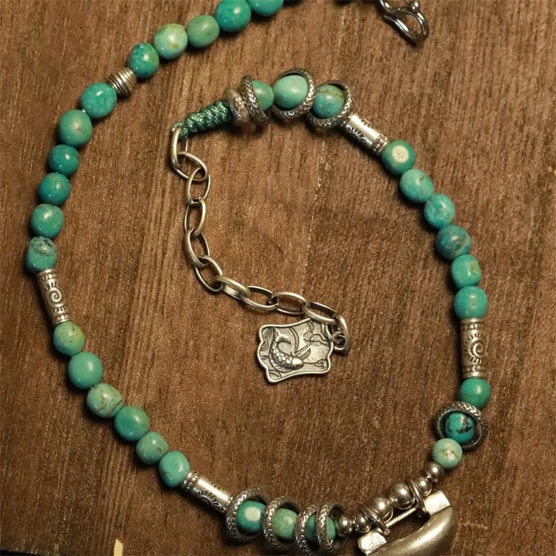Mythstone 925 Sterling Silver Turquoise Small Beads Chinese Lock Charm Strength Anklet - Image 3