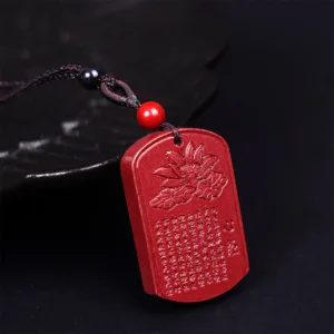 Mythstone Cinnabar Lotus Heart Sutra Engraved Blessing Rope Necklace Pendant
