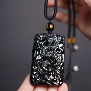 Mythstone Natural Black Obsidian Rectangular Dragon Engraved Success Necklace Pendant