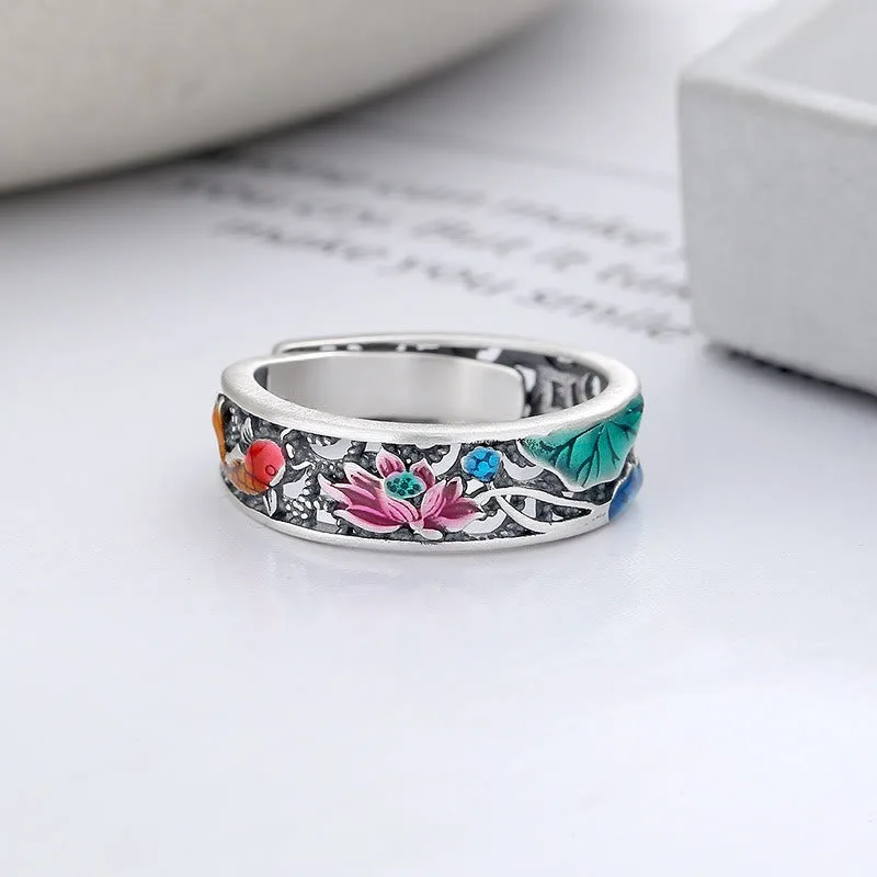 Mythstone 925 Sterling Silver Koi Fish Lotus Luck Everything Goes Well Ring - Image 2