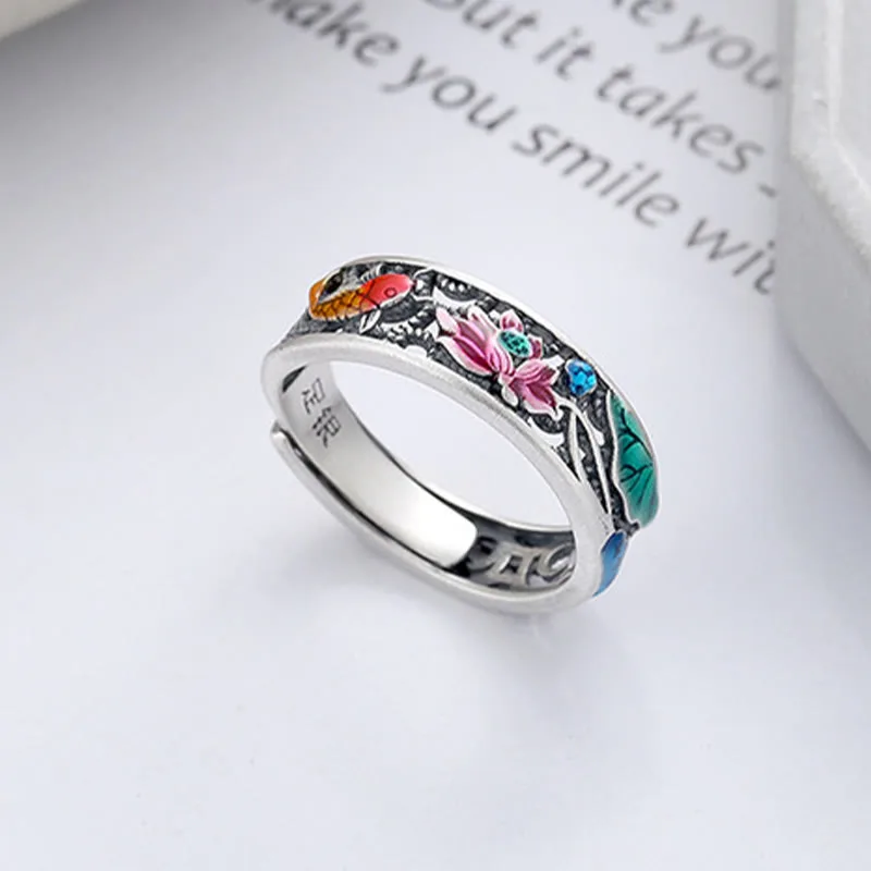 Mythstone 925 Sterling Silver Koi Fish Lotus Luck Everything Goes Well Ring - Image 3