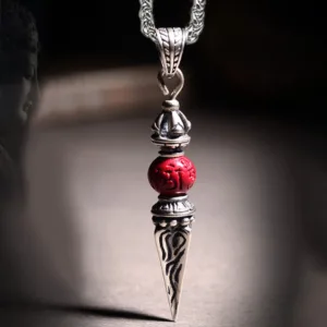 Mythstone Cinnabar Sanskrit Dorje Vajra Pattern Blessing Necklace Pendant