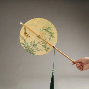 Mythstone - Handmade Birds Flowers Persimmons Fruit Koi Fish Lotus Bamboo Long Handle Portable Curlable Fan