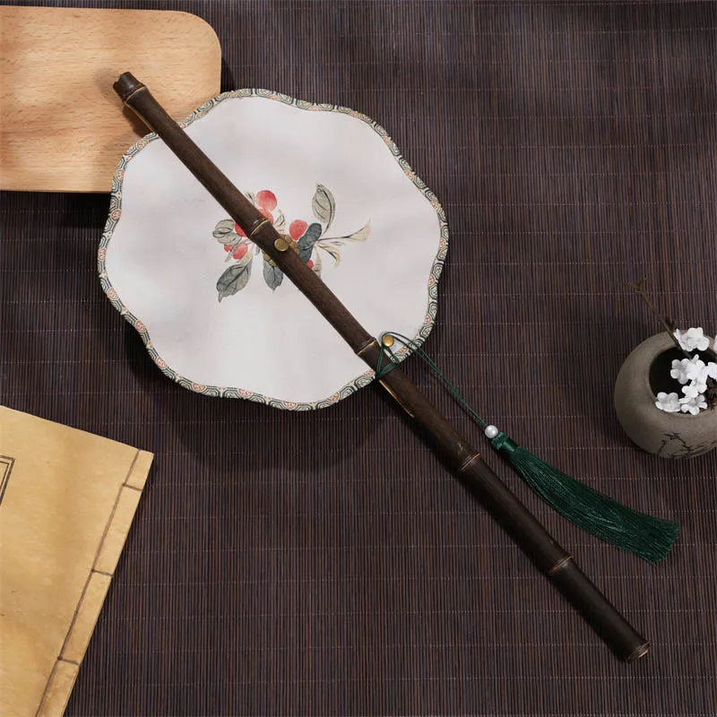 Mythstone Handmade Cherry Bamboo Leaf Grape Pattern Long Purple Bamboo Handle Portable Curlable Fan - Image 4