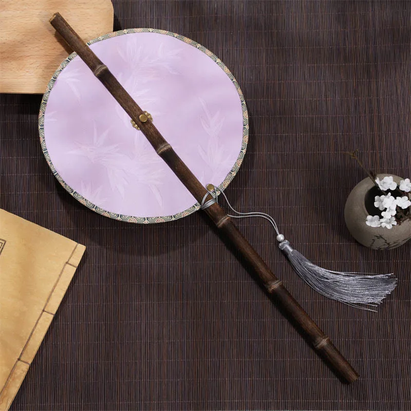 Mythstone Handmade Cherry Bamboo Leaf Grape Pattern Long Purple Bamboo Handle Portable Curlable Fan - Image 7