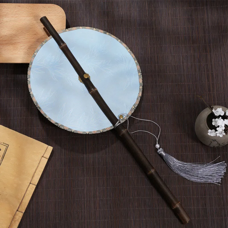 Mythstone Handmade Cherry Bamboo Leaf Grape Pattern Long Purple Bamboo Handle Portable Curlable Fan - Image 6